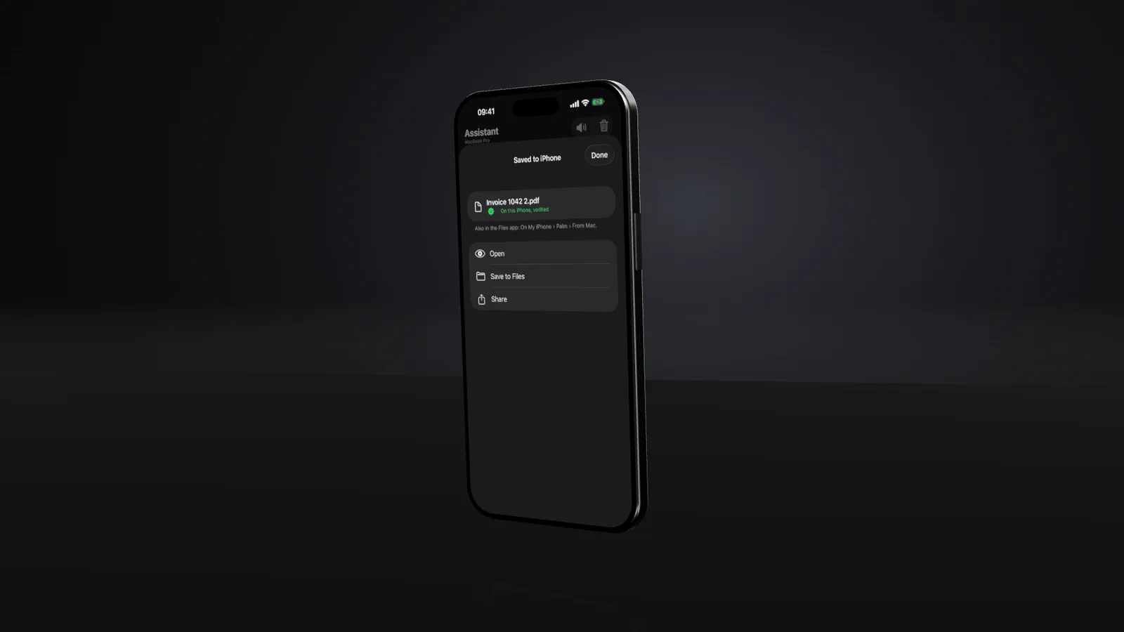 The phone's assistant finding the latest invoices on the Mac, with Save to iPhone