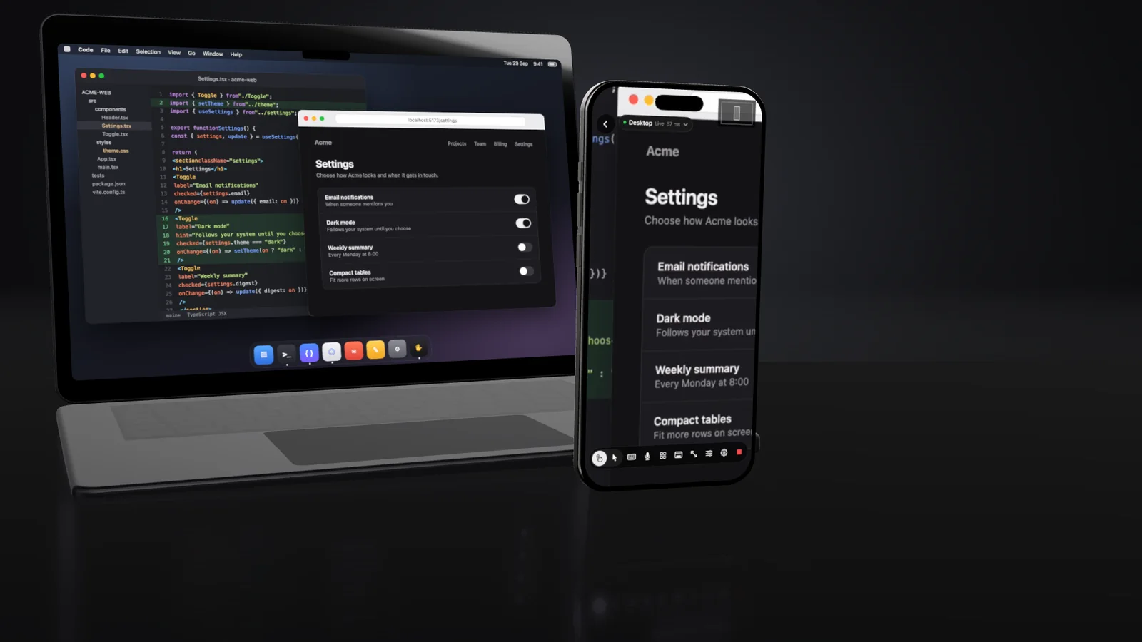 The phone showing the Mac's desktop, zoomed into a settings page