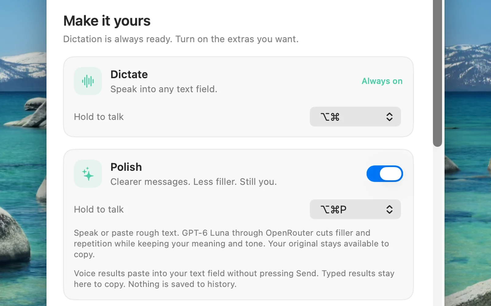 Quick Dictate's settings: Dictate always on with Option + Command, and Polish switched on with Option + Command + P