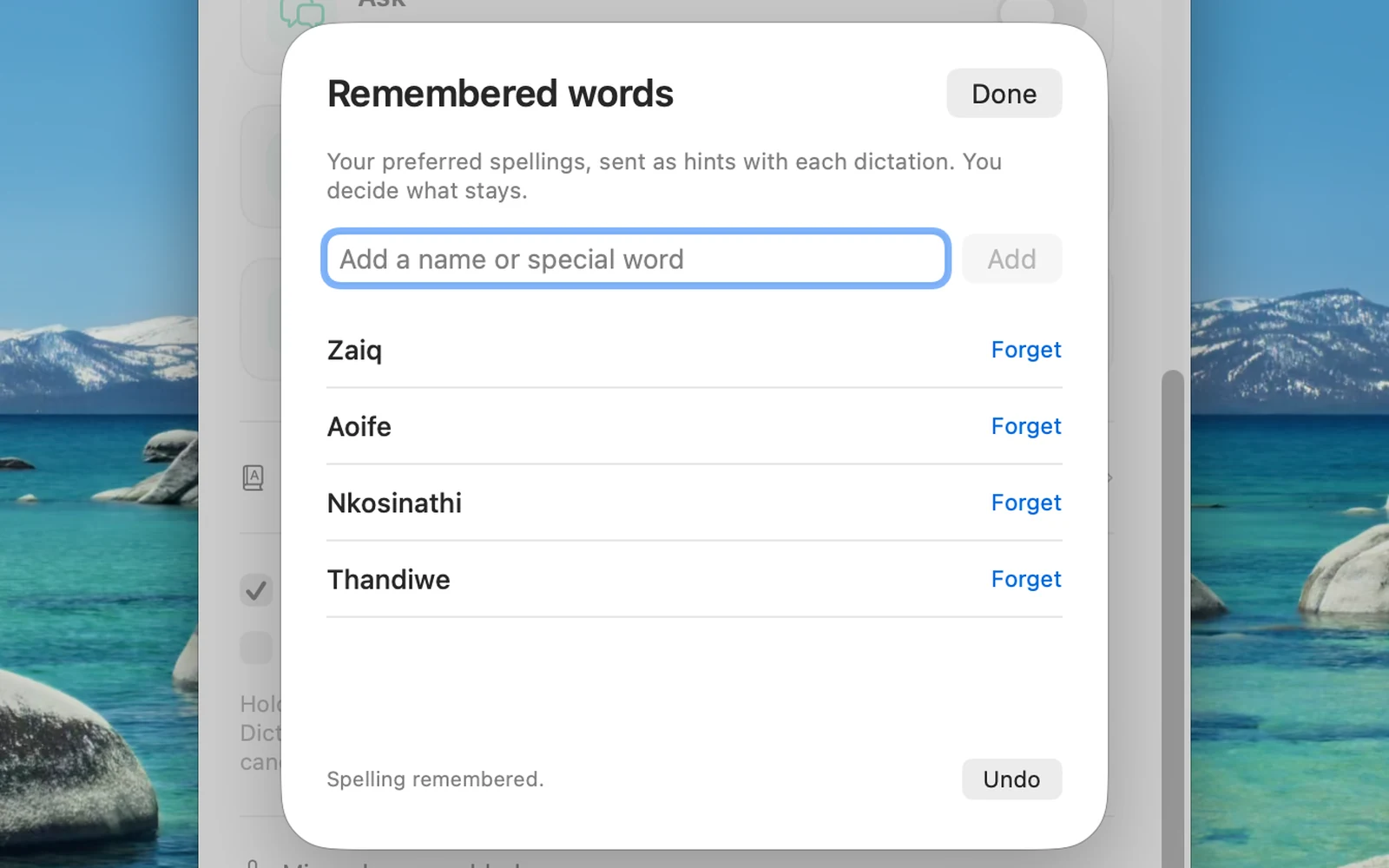 Quick Dictate's Remembered words list with four saved spellings: Zaiq, Aoife, Nkosinathi and Thandiwe